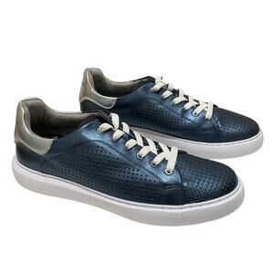 Karl Lagerfeld Paris Size 11 Perforated Leather Sneakers in Blue Metal Low Tops